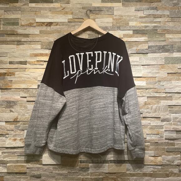VICTORIA'S SECRET PINK XL Oversized Varsity Crew Pullover | Black Sweatshirt Top - Picture 7 of 9